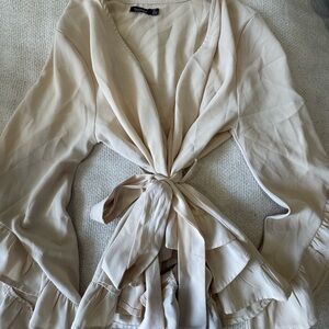 Boohoo Cream Tie-Front Blouse